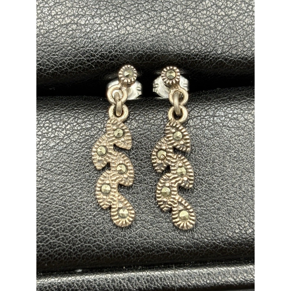 Sterling Silver Marcasite Leaf Dangle Earrings 925 E29